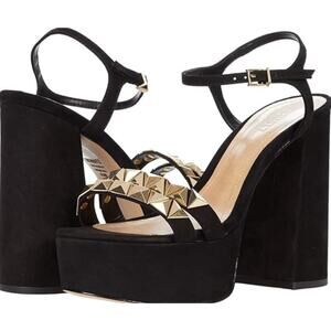 SCHUTZ Nedy Black Suede Gold Stud Chunky Platform Heel Sandals Size 9